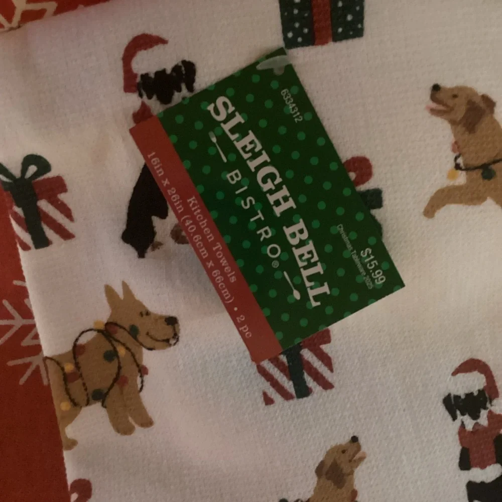 Sleigh Bell Bistro Kitchen Towels - set of 2 - featuring Christmas Dogs!
